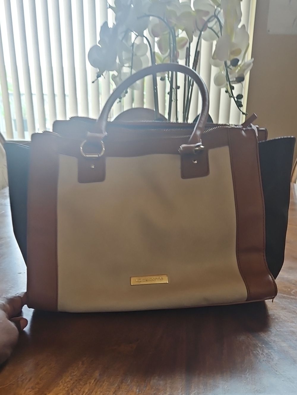 Liz Claiborne Women's Colorblock Faux Leather Satchel Tote Bag in Beige & Brown